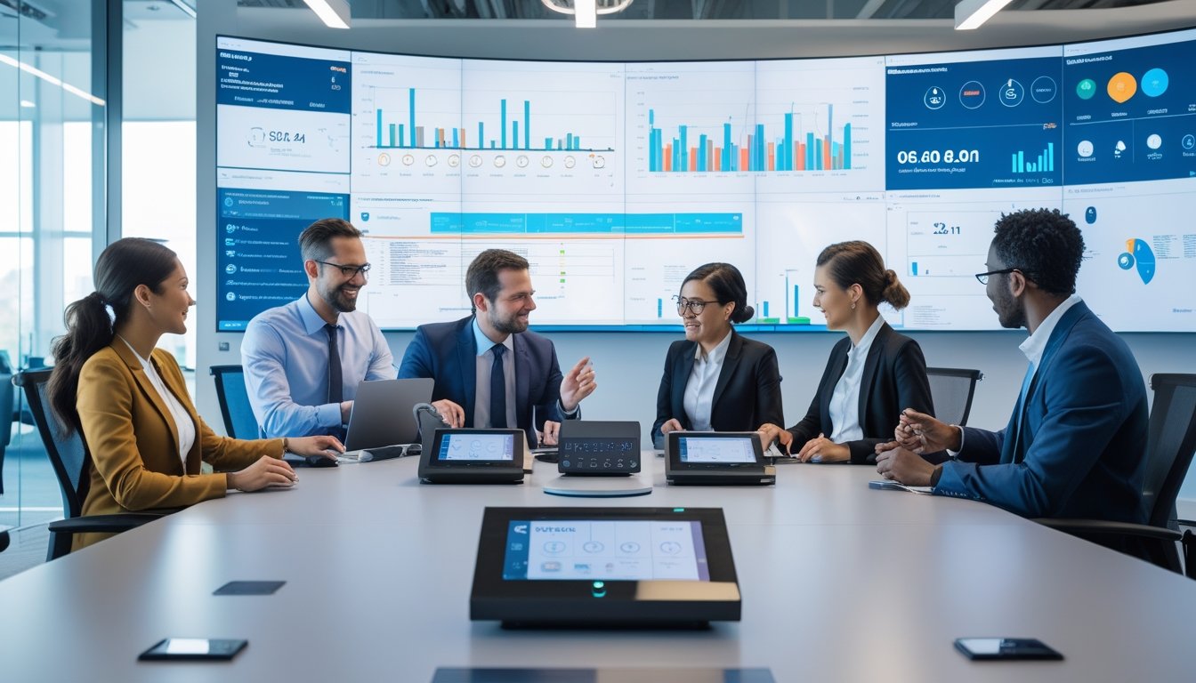 Sekelompok profesional bekerja sama di kantor modern dengan perangkat teknologi Crestron, menggunakan panel kontrol dan layar interaktif untuk meningkatkan produktivitas dan pengendalian penuh.