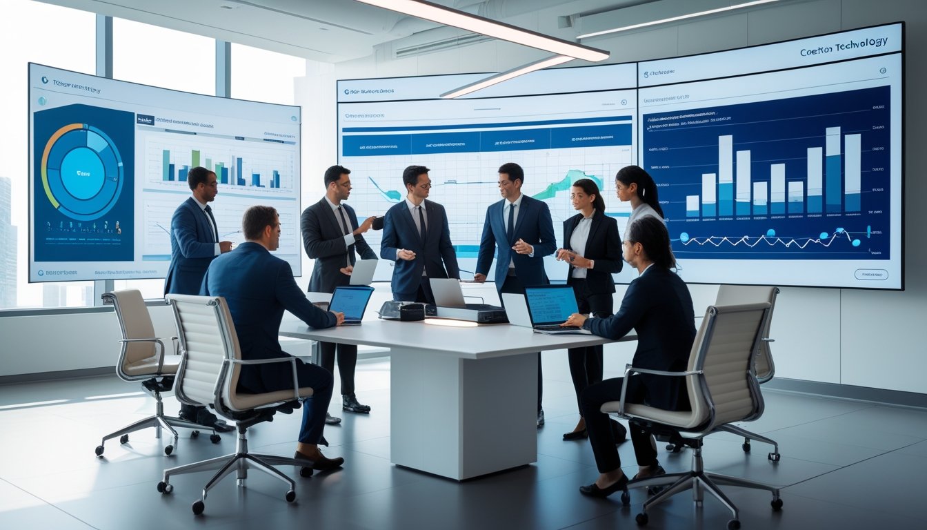 Sekelompok profesional bisnis sedang berdiskusi di ruang rapat modern dengan perangkat teknologi canggih dan layar digital besar.