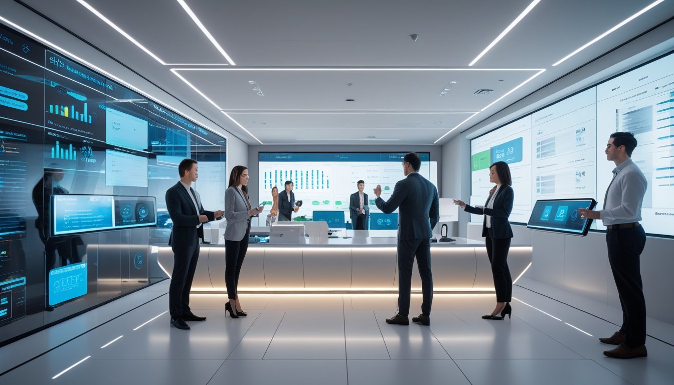 Suasana kantor modern dengan profesional yang sedang berkolaborasi menggunakan teknologi canggih dan layar digital besar.