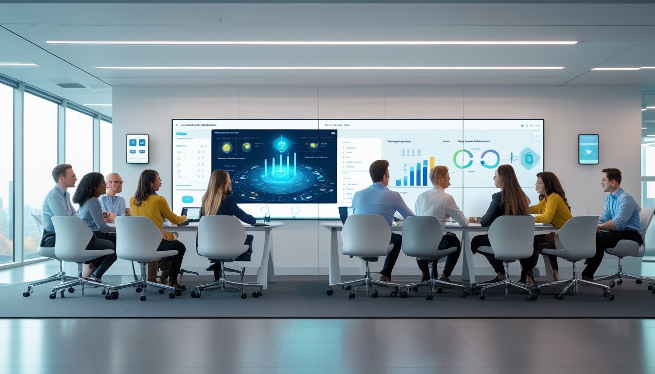 Orang-orang bekerja sama dalam ruang kantor modern dengan teknologi pintar dan layar sentuh interaktif.