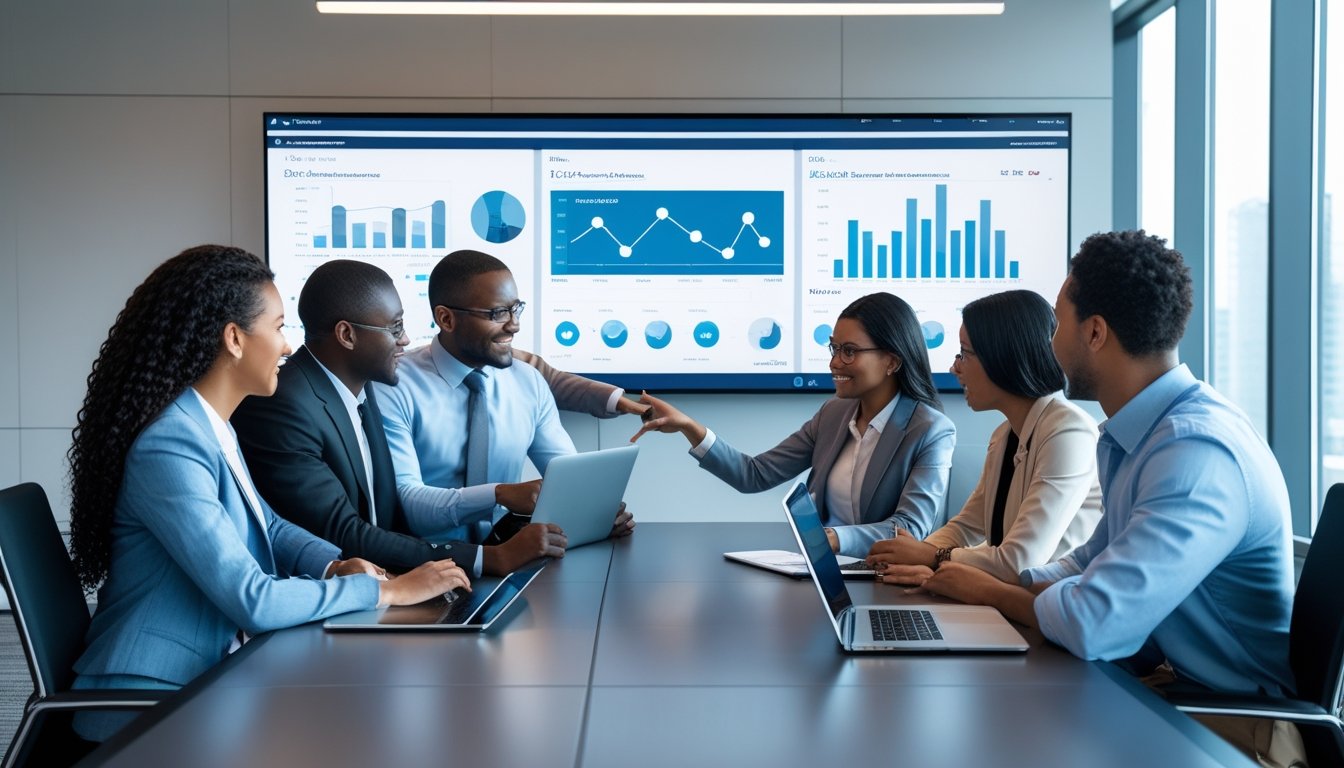 Tim profesional sedang rapat di ruang kantor modern dengan teknologi layar sentuh Crestron yang menampilkan data, bekerja sama untuk meningkatkan produktivitas.