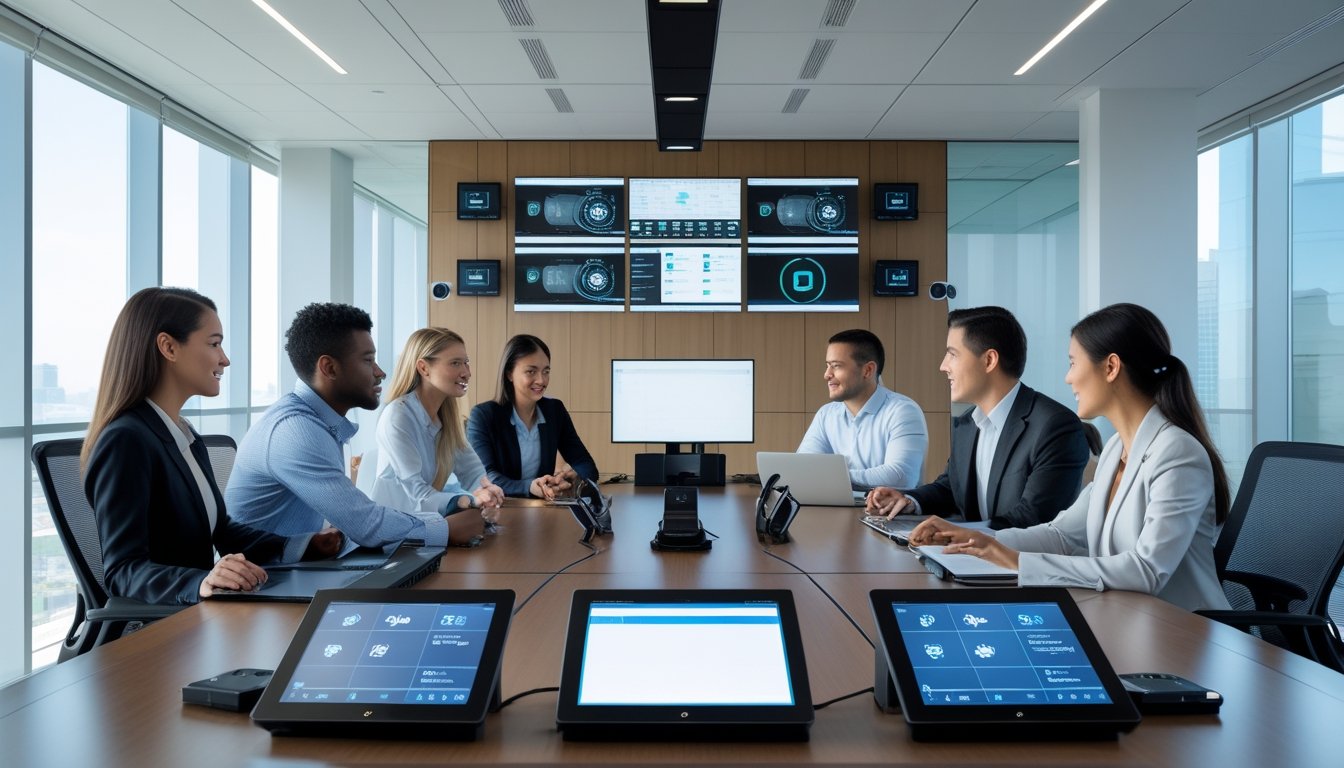 Tim bekerja sama di ruang kantor modern dengan teknologi AV dan sistem keamanan yang terintegrasi.