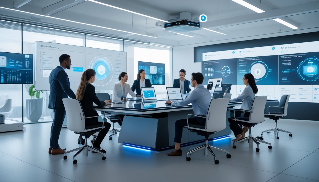 Sejumlah profesional bekerja sama di ruang kantor modern dengan perangkat teknologi canggih dan layar besar.