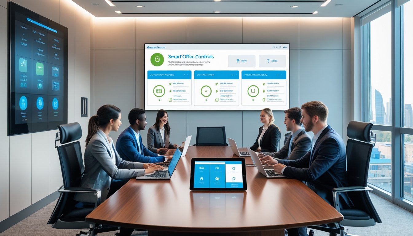 Sejumlah profesional sedang rapat di ruang kantor modern dengan teknologi smart office Crestron, menggunakan perangkat digital di sekitar meja konferensi.