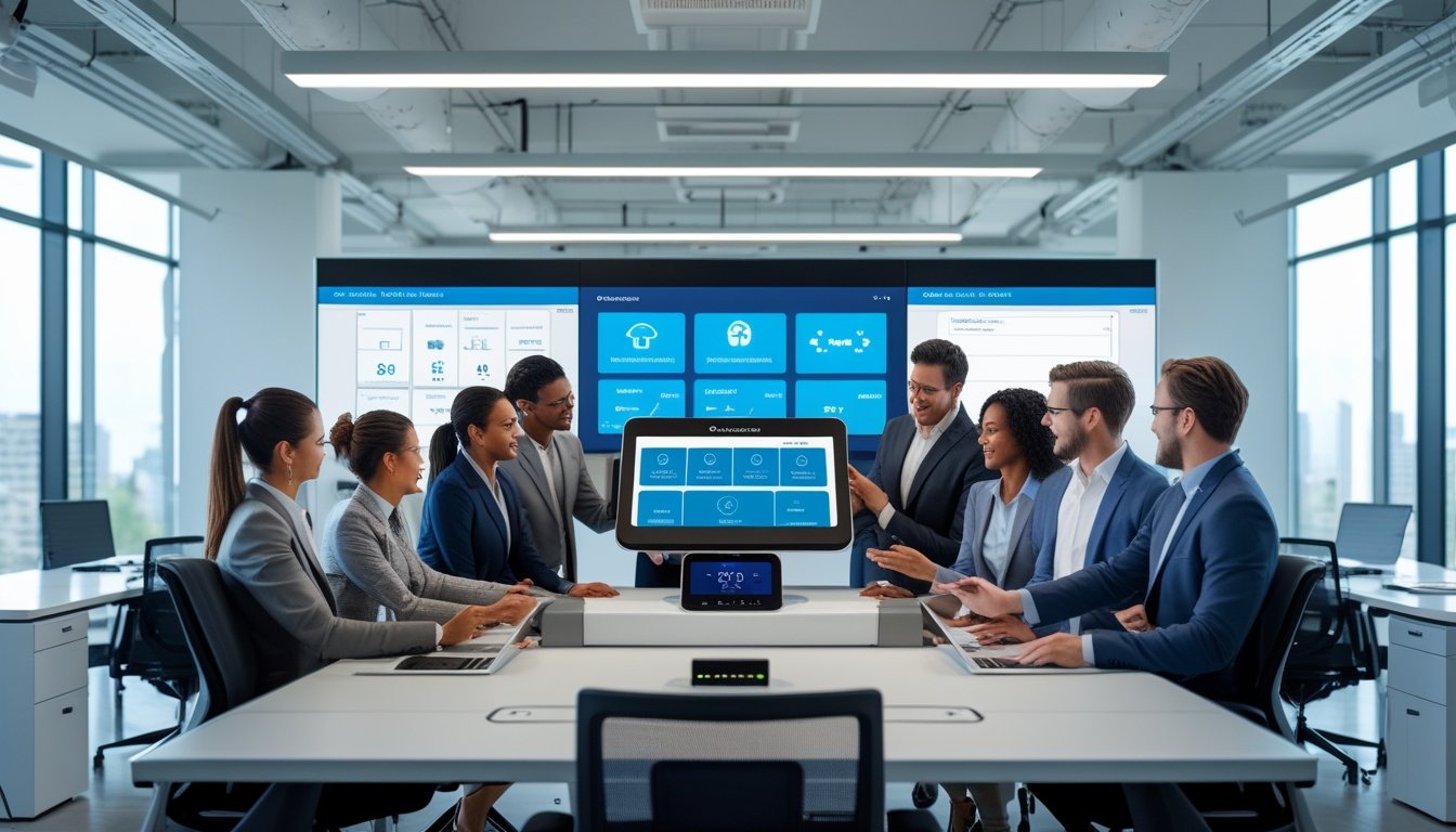 Sekelompok profesional bekerja sama di kantor modern dengan teknologi smart office yang canggih, menggunakan panel kontrol digital di meja konferensi.