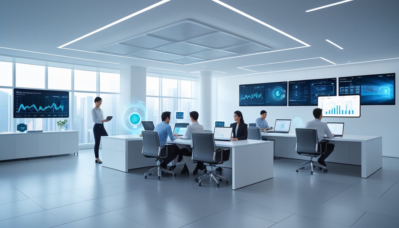 Suasana kantor modern dengan profesional yang bekerja bersama menggunakan perangkat teknologi canggih.