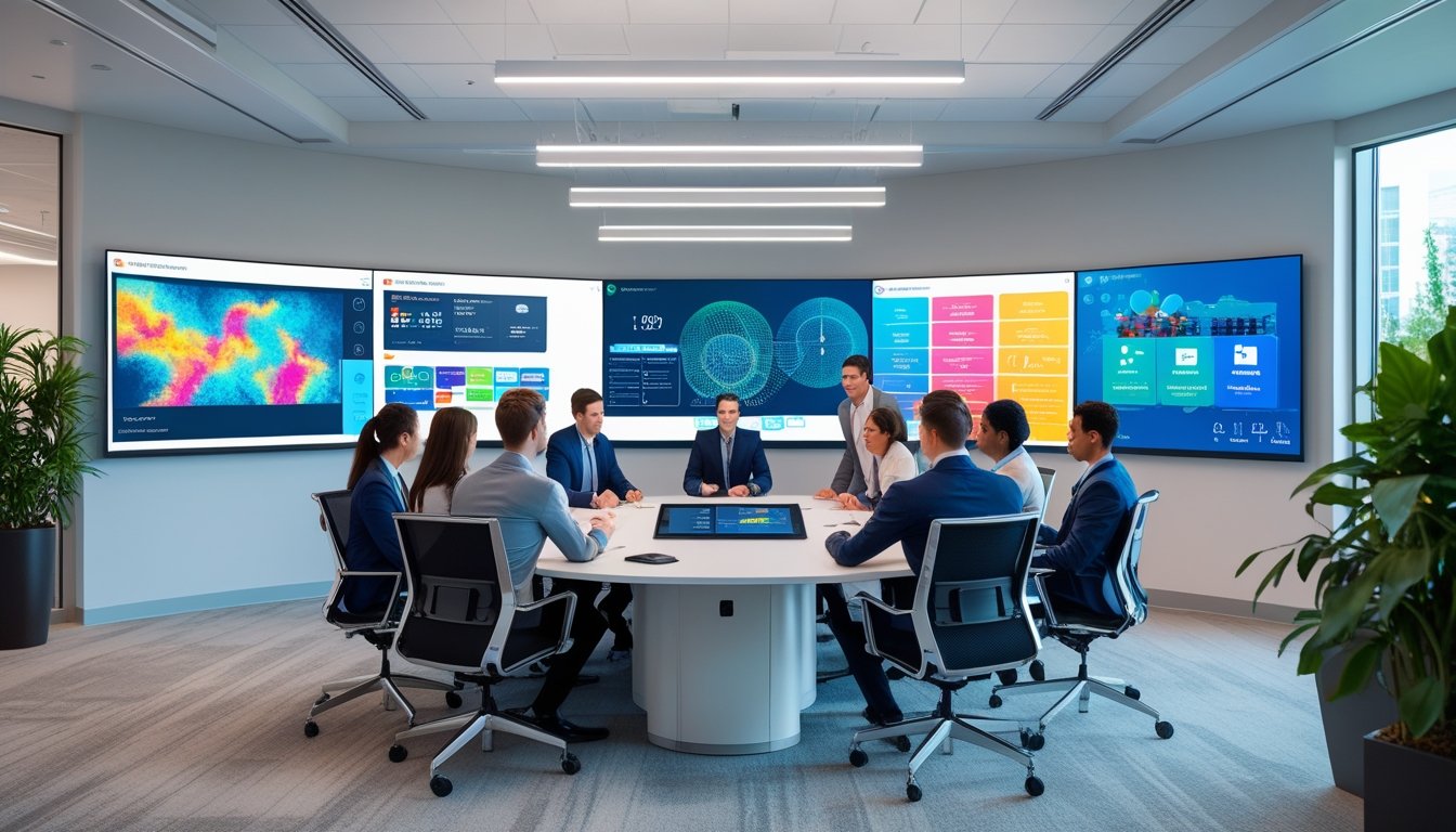 Sekelompok profesional bekerja bersama di kantor modern dengan peralatan teknologi canggih dan layar digital besar.