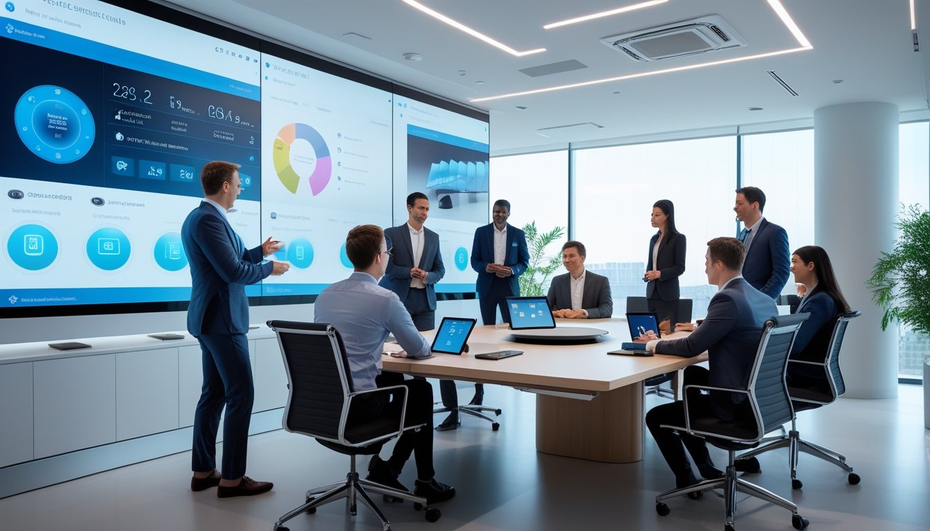 Ruang kantor modern dengan teknologi pintar, menampilkan layar interaktif, perangkat cerdas, dan orang-orang yang sedang rapat.