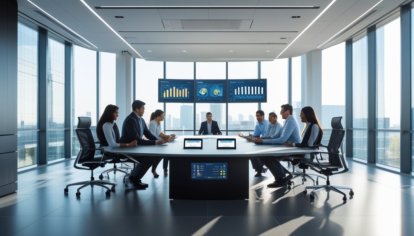 Suasana kantor modern dengan beberapa karyawan bekerja sama di meja konferensi yang dilengkapi perangkat teknologi canggih.