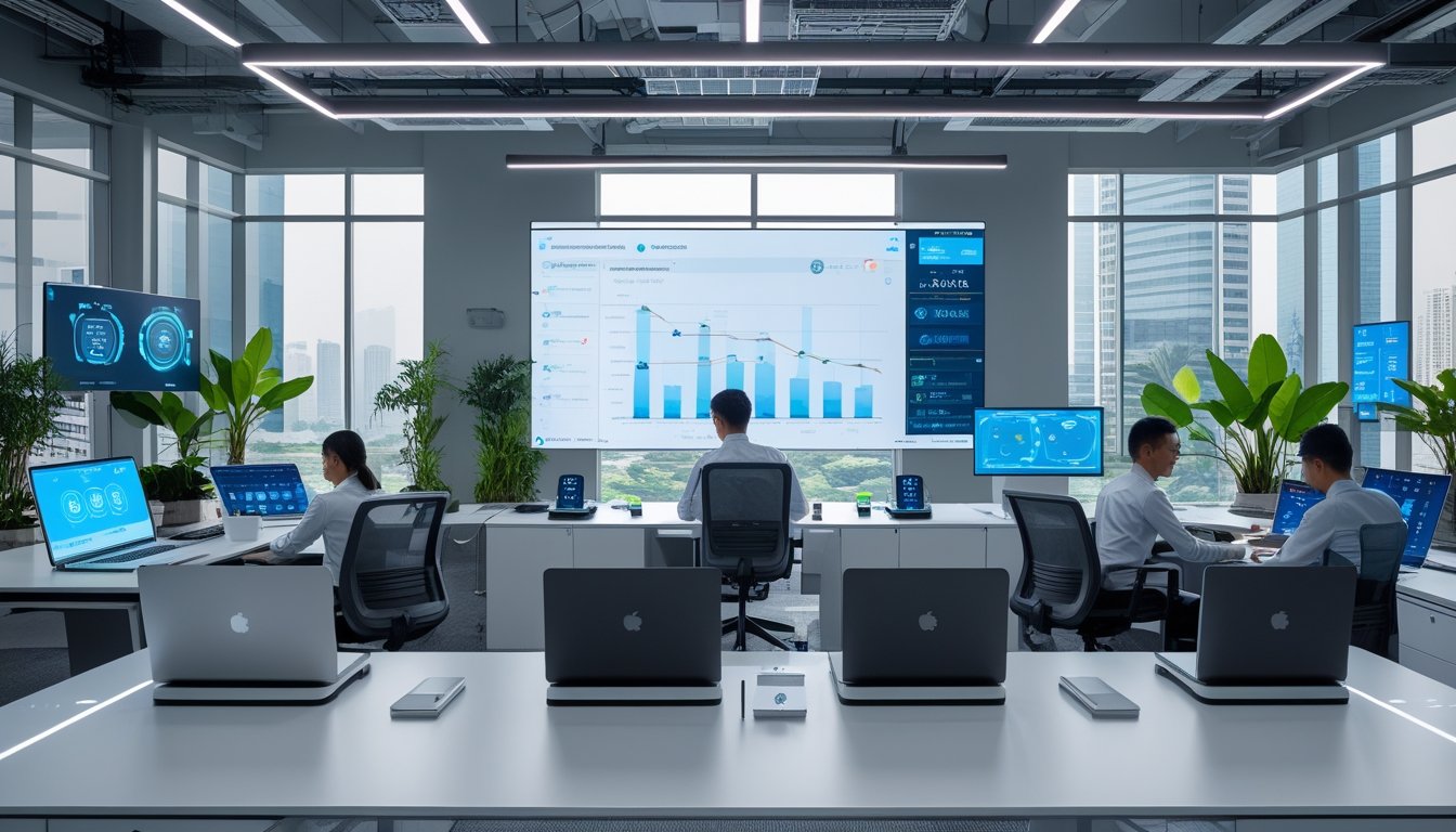 Sejumlah profesional Indonesia bekerja sama di kantor modern dengan perangkat teknologi canggih dan suasana yang terang serta terbuka.