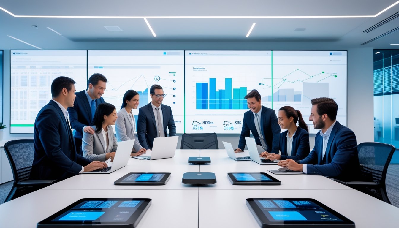 Sejumlah profesional bekerja sama di kantor modern dengan peralatan teknologi canggih dan layar interaktif, menunjukkan suasana kerja yang cerdas dan efisien.