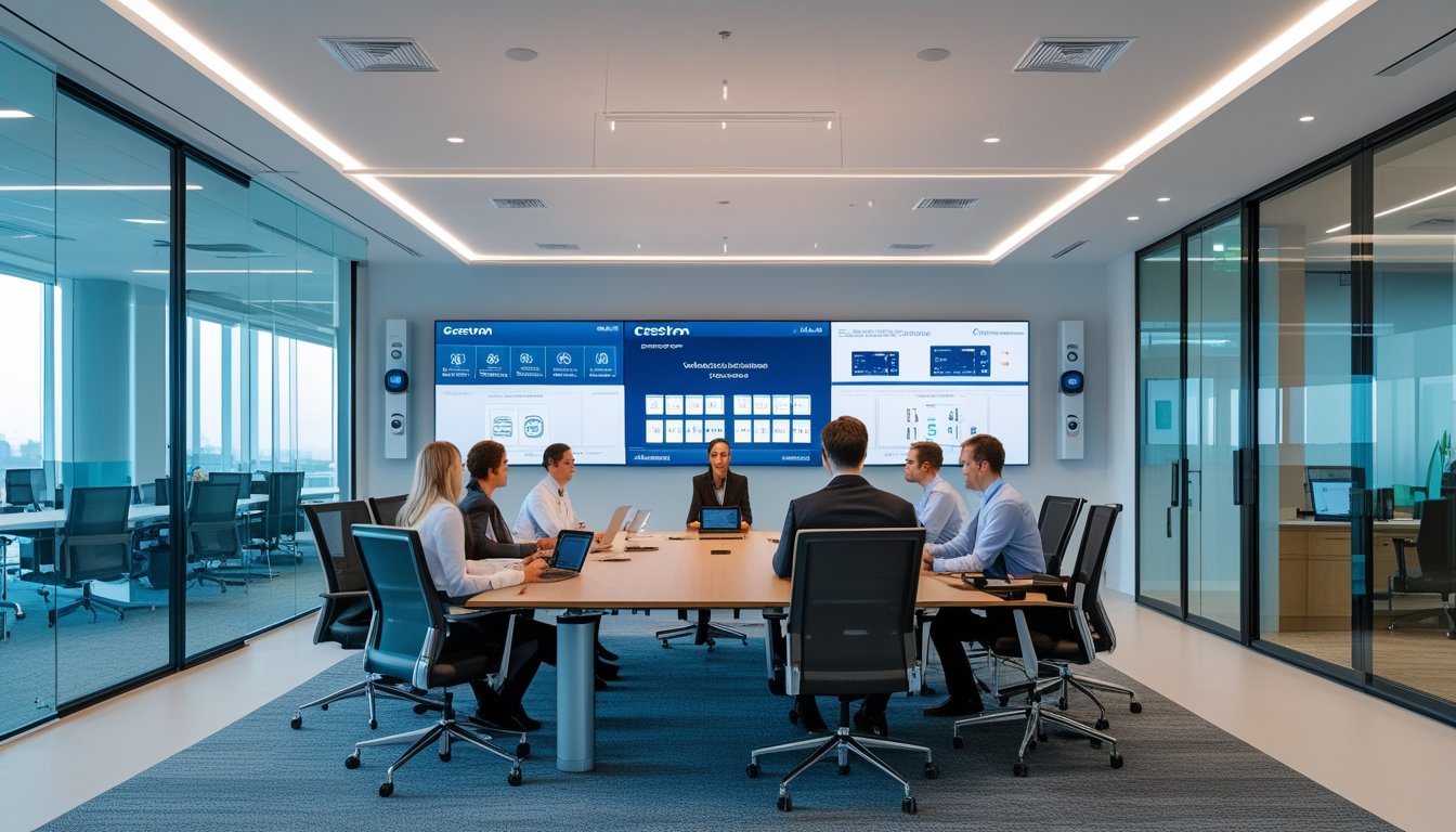 Ruang kantor modern dengan karyawan yang bekerja bersama di meja konferensi dilengkapi teknologi audiovisual canggih.