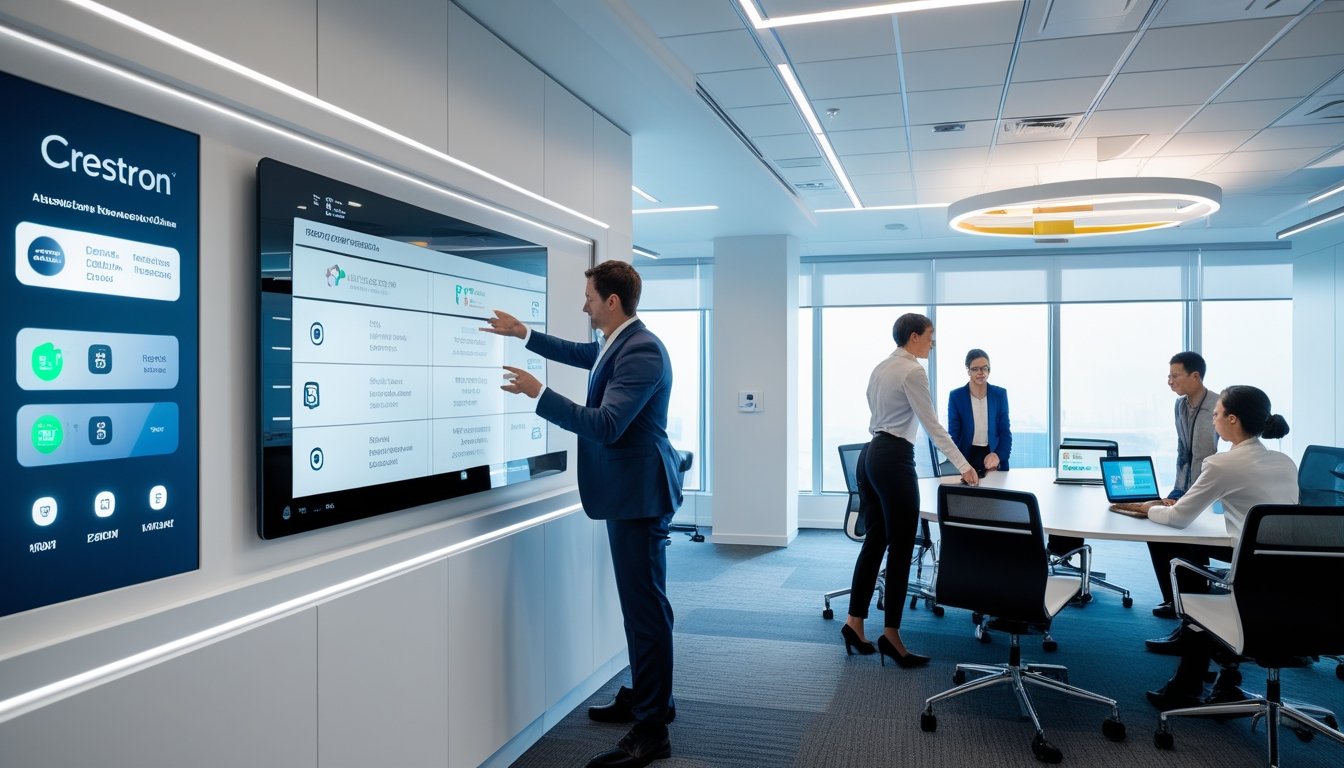 Ruang kantor modern dengan teknologi canggih dan karyawan yang bekerja sama menggunakan sistem kontrol pintar.