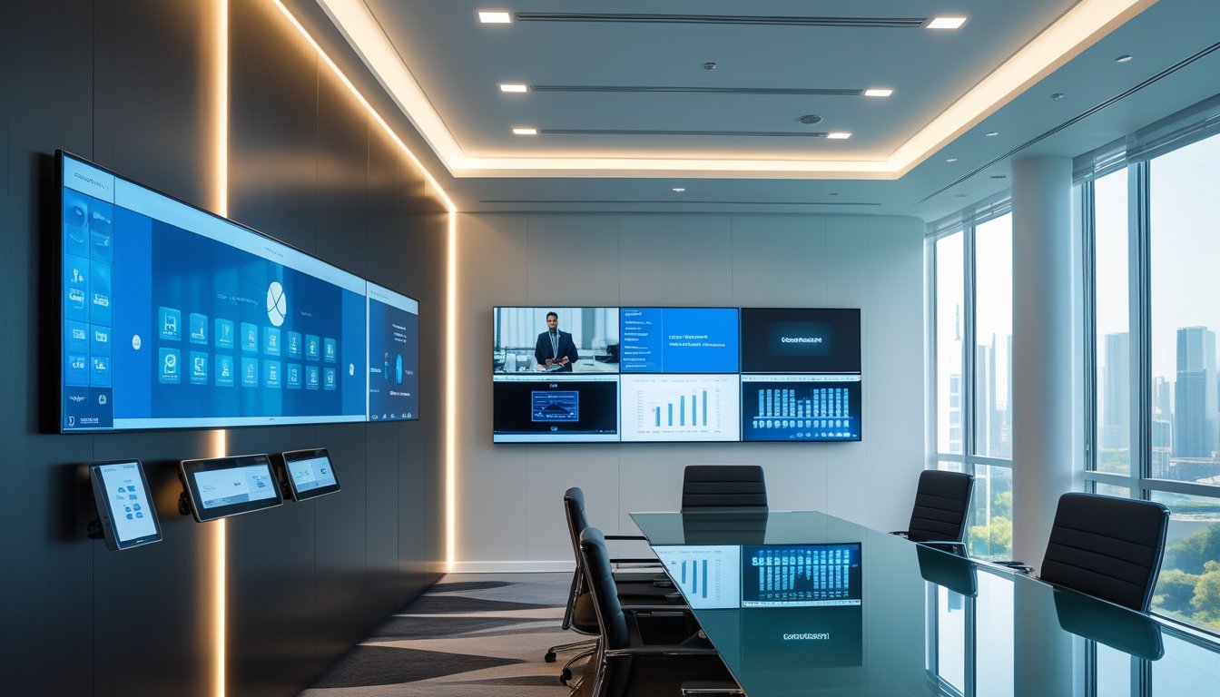 Ruang kerja modern dengan peralatan teknologi canggih dan panel kontrol digital di dinding.