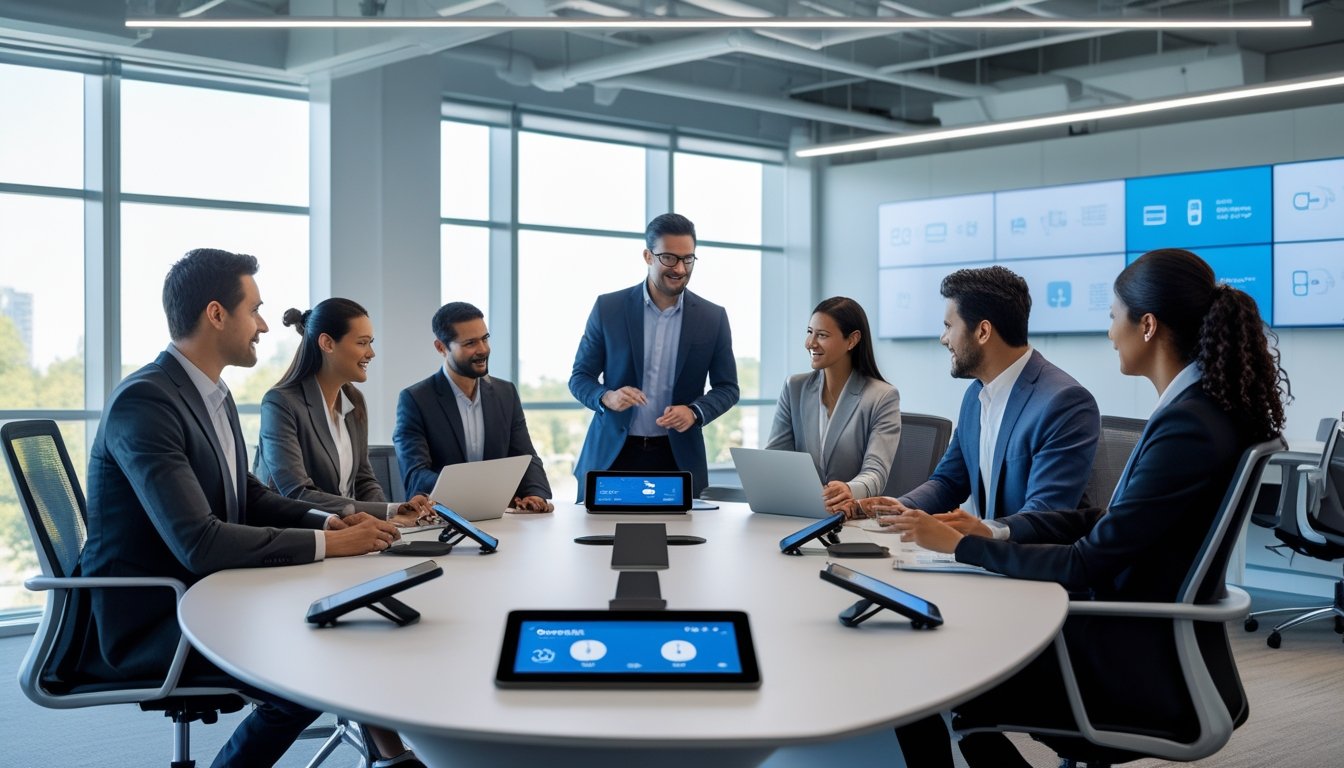 Sekelompok profesional bekerja sama di ruang kantor modern dengan perangkat teknologi cerdas di meja konferensi.