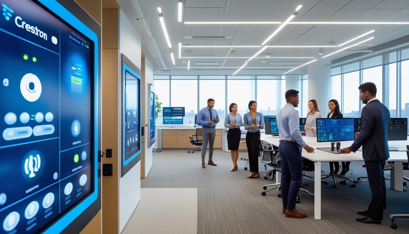 Ruang kerja modern dengan profesional yang menggunakan perangkat teknologi Crestron untuk mengontrol pencahayaan, iklim, dan peralatan audiovisual.
