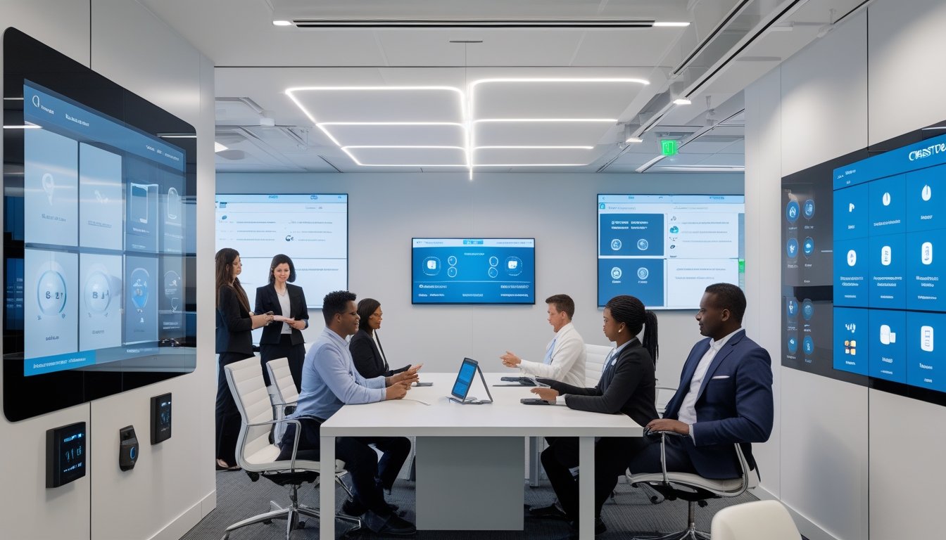 Suasana kantor modern dengan karyawan menggunakan perangkat pintar dan sistem otomasi untuk bekerja secara efisien.