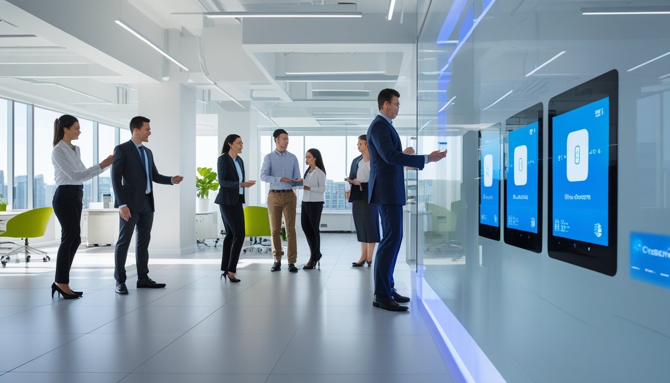 Suasana kantor modern dengan beberapa profesional yang menggunakan perangkat teknologi pintar untuk berkolaborasi dan bekerja bersama.