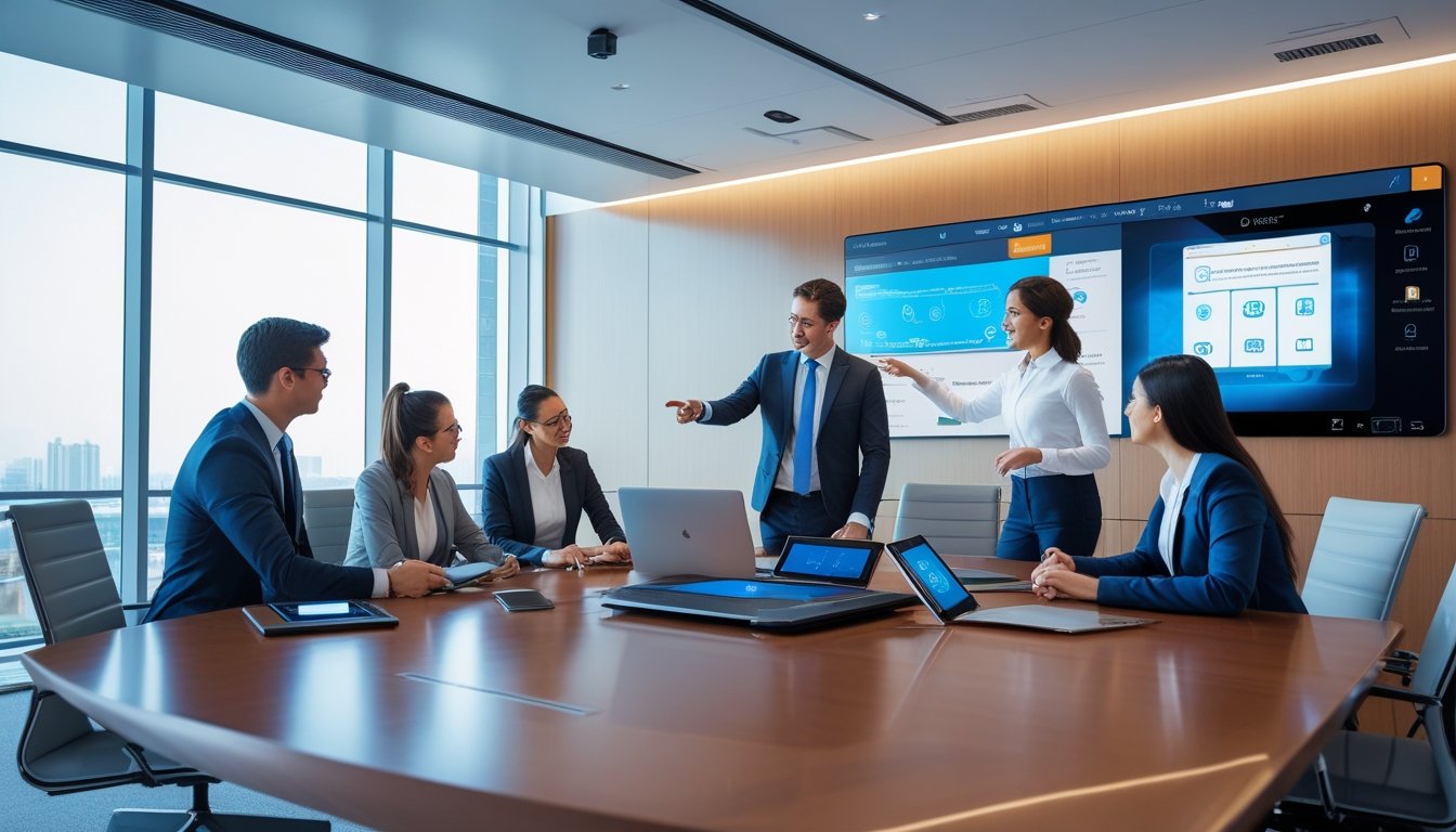 Ruang kerja modern dengan profesional yang berdiskusi di sekitar meja konferensi dan layar sentuh interaktif di dinding.