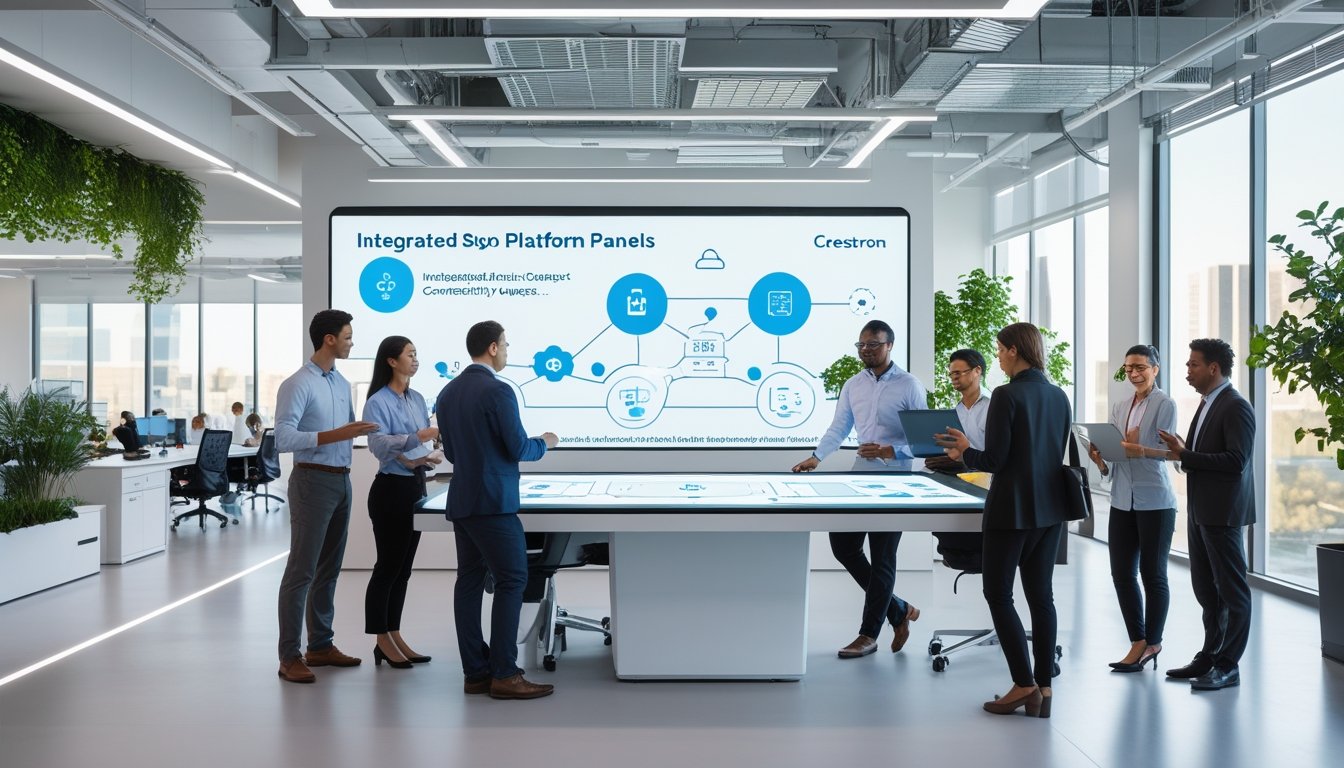 Suasana kantor modern dengan beberapa orang bekerja sama di sekitar meja digital yang menampilkan data dan ikon konektivitas, dilengkapi perangkat teknologi pintar dan elemen ramah lingkungan.