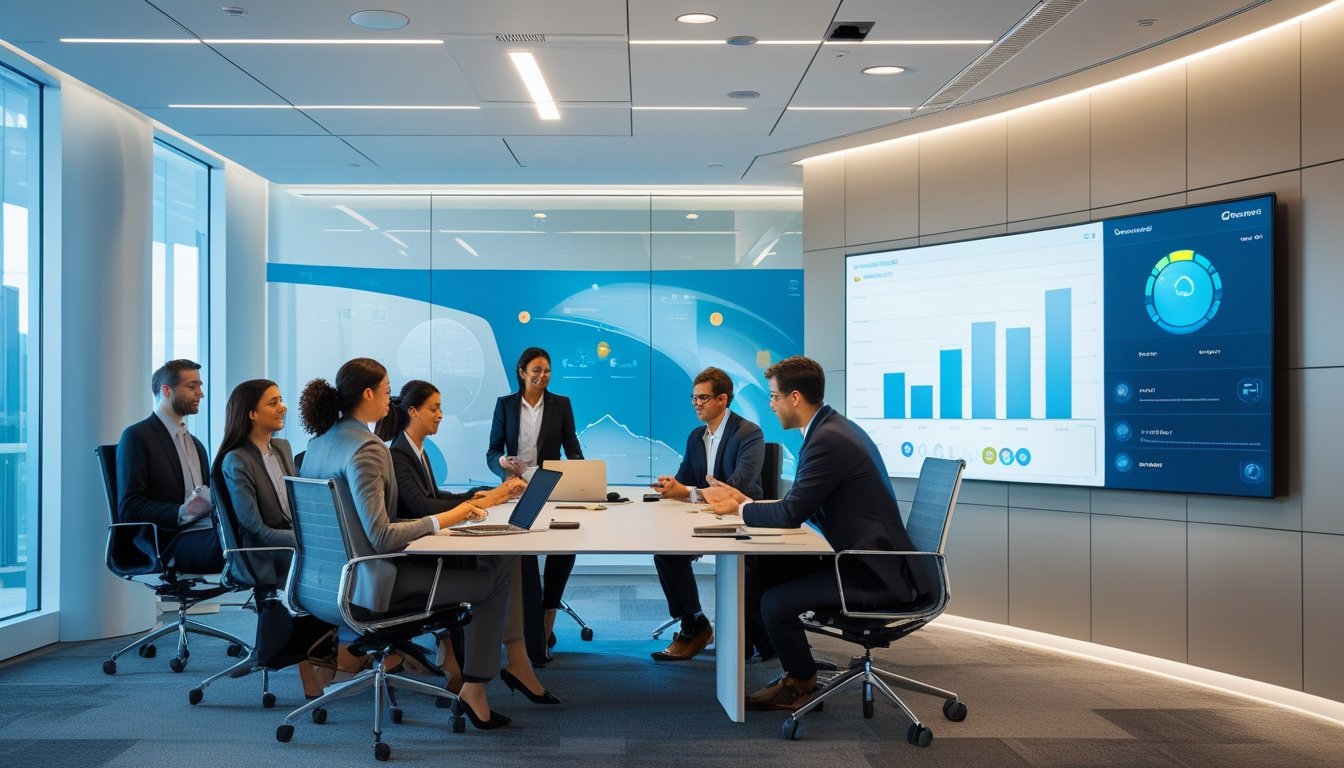 Sejumlah profesional di ruang konferensi modern sedang menggunakan teknologi digital dengan layar sentuh besar dan perangkat nirkabel untuk bekerja sama.