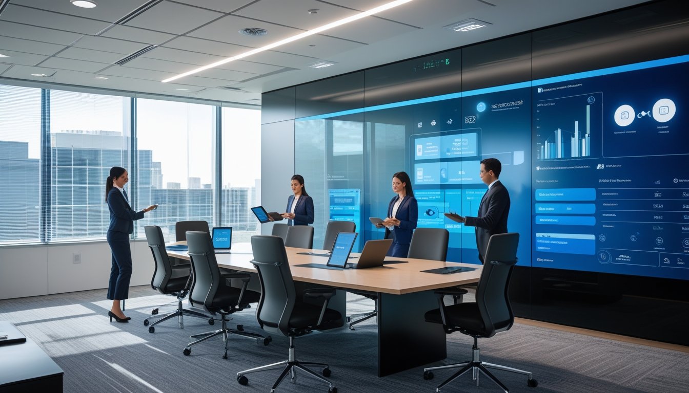 Suasana kantor modern dengan pekerja menggunakan teknologi digital dan layar interaktif di ruang rapat.