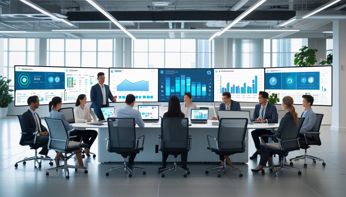 Sekelompok profesional bisnis sedang bekerja bersama di kantor modern dengan teknologi canggih dan perangkat digital.