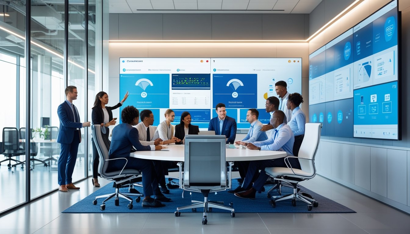 Sekelompok profesional bekerja sama di kantor modern dengan perangkat teknologi canggih dan layar besar yang menampilkan data.