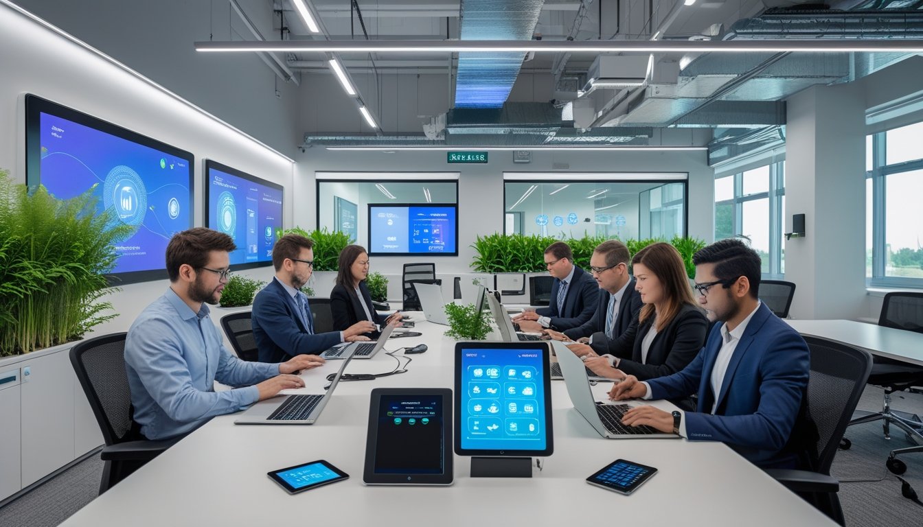 Suasana kantor modern dengan teknologi canggih dan profesional yang bekerja sama menggunakan perangkat pintar.
