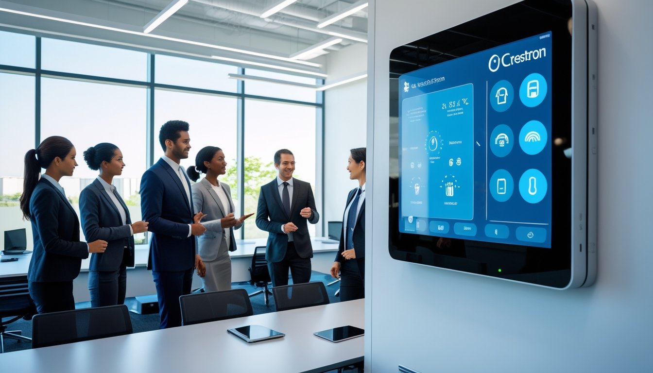 Ruang kantor modern dengan beberapa profesional yang menggunakan sistem kontrol teknologi Crestron untuk mengatur pencahayaan dan peralatan multimedia.