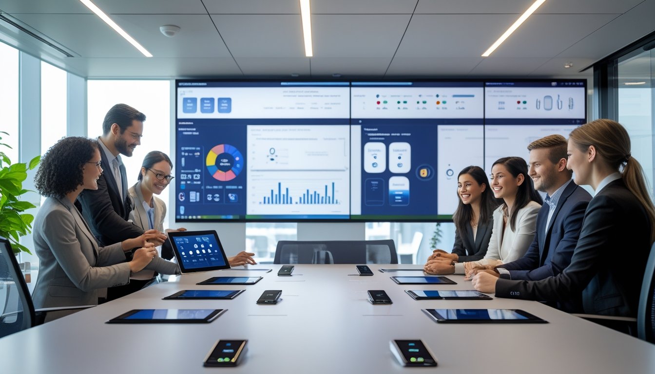 Sekelompok profesional bekerja sama di ruang konferensi modern dengan perangkat teknologi canggih yang mengatur lingkungan kerja.