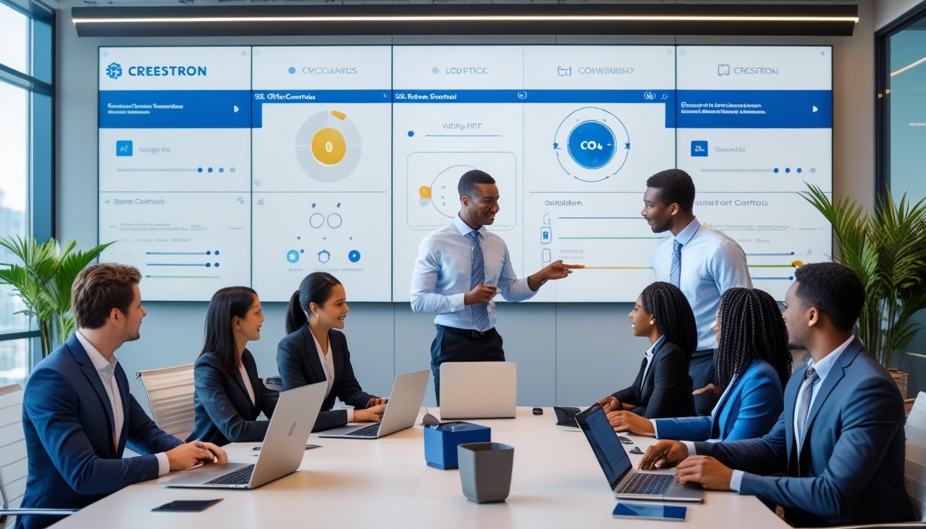 Sekelompok profesional bisnis berdiskusi di ruang konferensi kantor modern dengan panel kontrol digital Crestron di dinding, menunjukkan pemanfaatan sumber daya secara efektif.