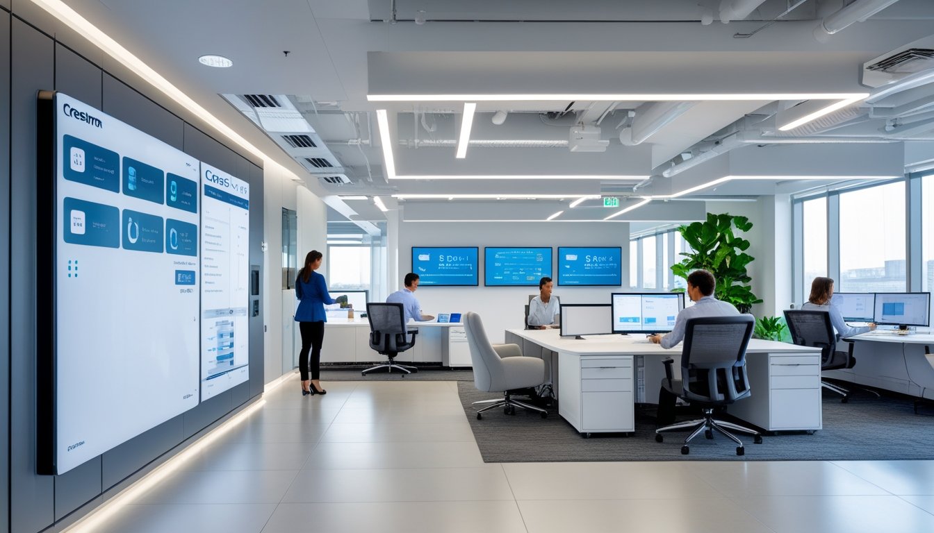 Suasana kantor modern dengan pekerja yang menggunakan perangkat teknologi pintar untuk mengelola lingkungan kerja secara efisien.