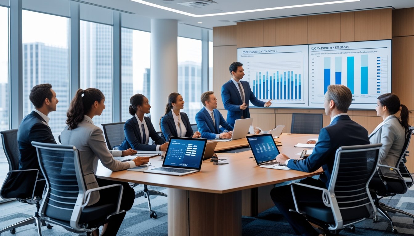 Ruang konferensi kantor modern dengan beberapa profesional yang sedang melakukan presentasi menggunakan teknologi Crestron.