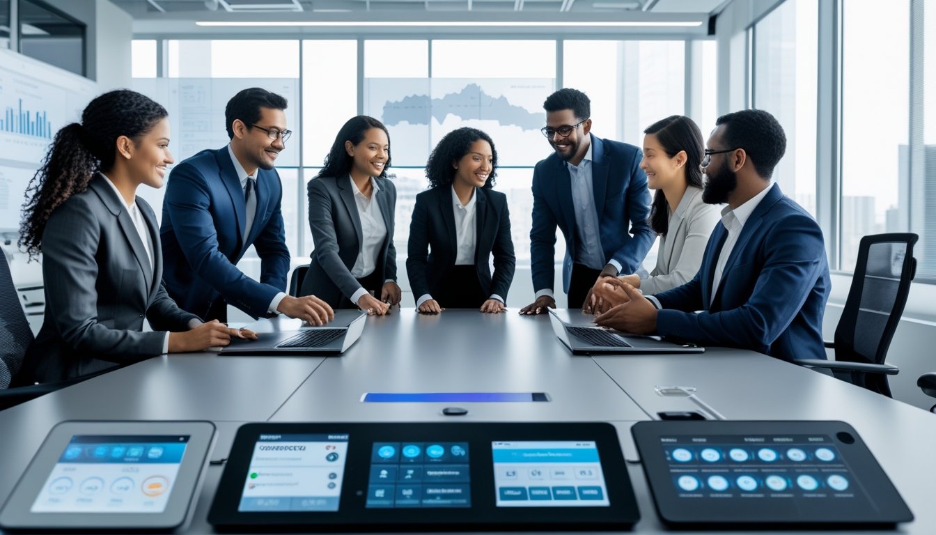 Sejumlah profesional bekerja bersama di ruang kantor modern dengan perangkat teknologi canggih untuk mengelola lingkungan kerja yang lebih baik.