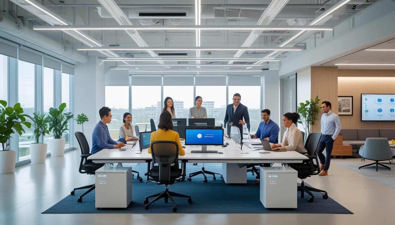 Kantor modern dengan teknologi pintar, menampilkan karyawan yang bekerja dan bersantai di ruang yang terang dan nyaman.