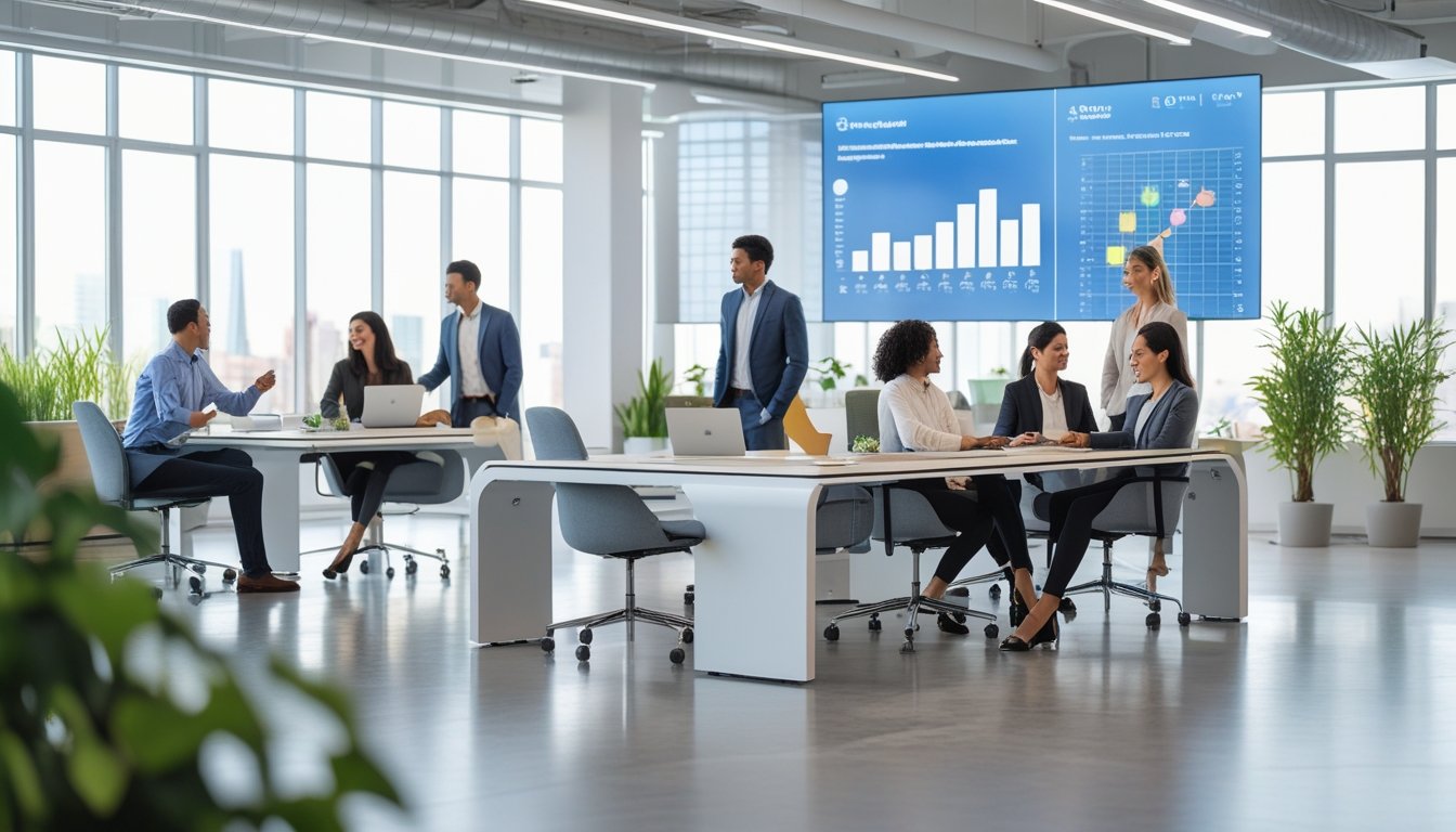 Suasana kantor modern dengan teknologi pintar dan orang-orang bekerja serta bersosialisasi dalam lingkungan yang nyaman dan terang.