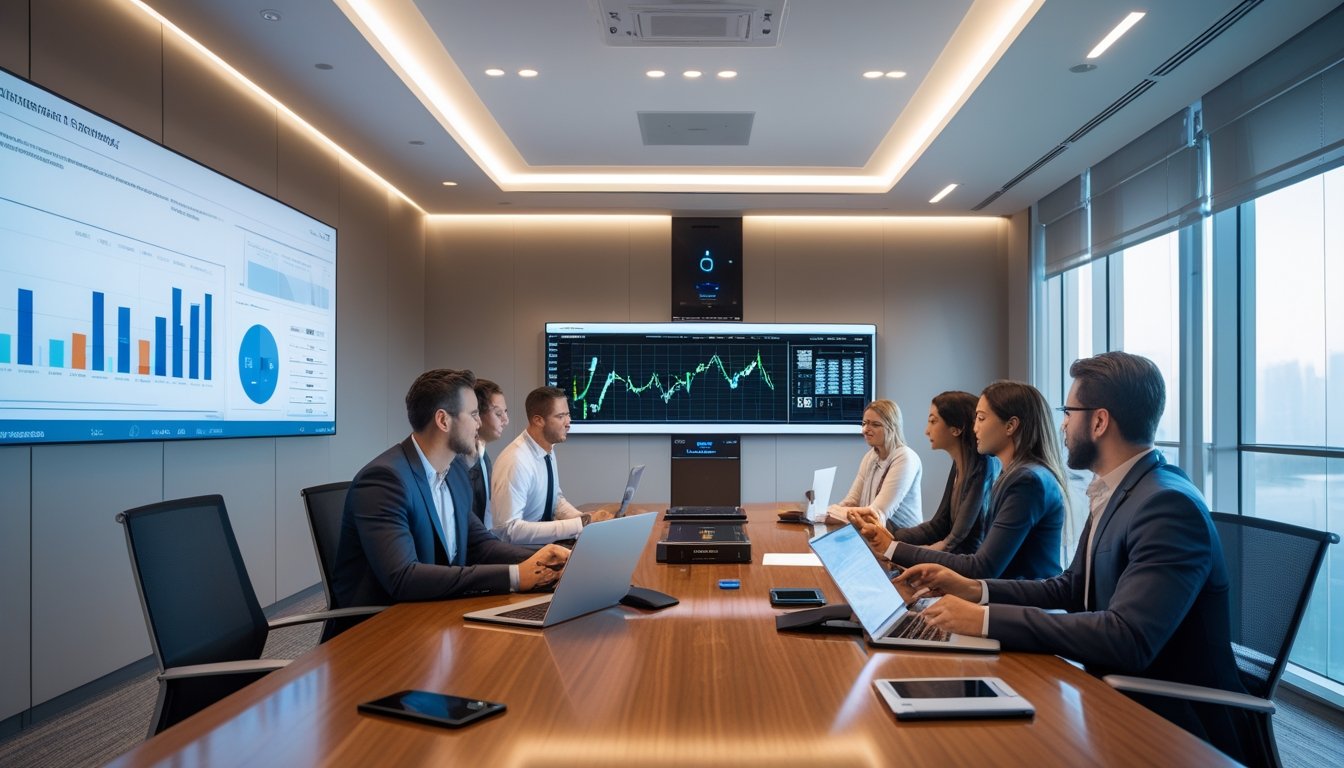 Ruang rapat modern dengan beberapa profesional yang sedang berdiskusi di sekitar meja, dilengkapi layar sentuh besar dan perangkat teknologi canggih.