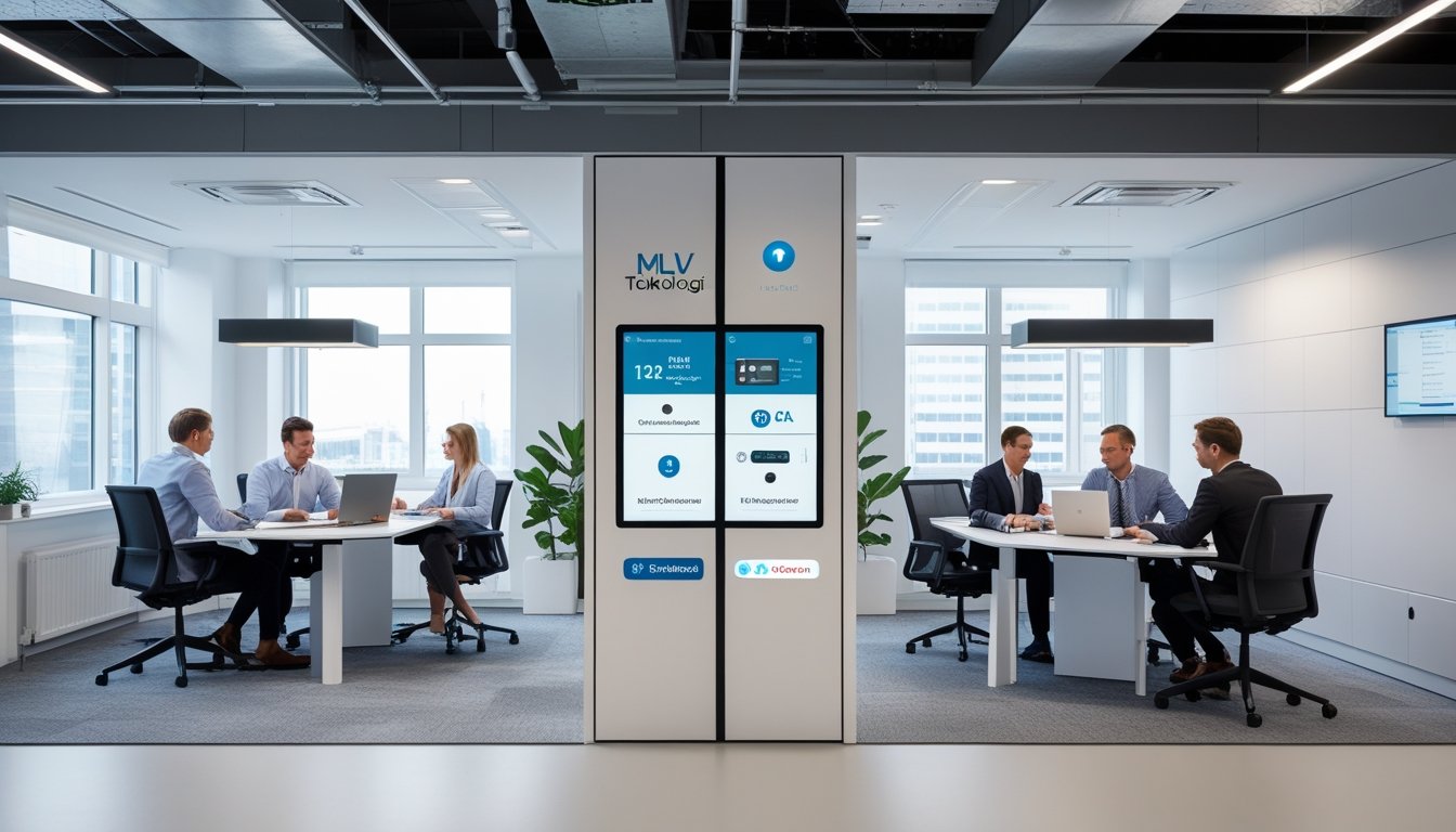 Ruang kantor modern dengan perabotan ergonomis dan teknologi pintar, menampilkan beberapa profesional yang bekerja sama di ruang terbatas.