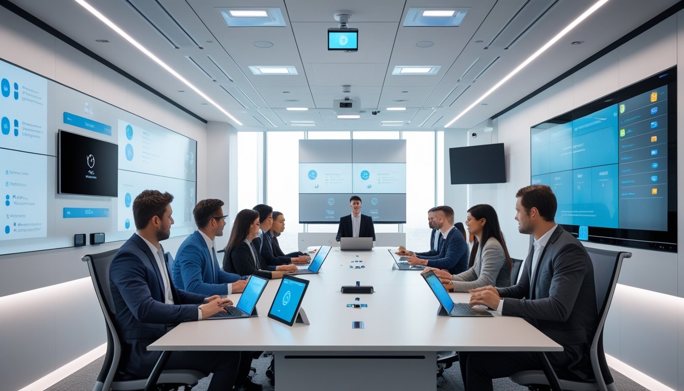 Ruang kerja modern dengan teknologi AV dan smart office, menampilkan beberapa profesional yang sedang rapat di ruang konferensi dengan perangkat teknologi canggih.