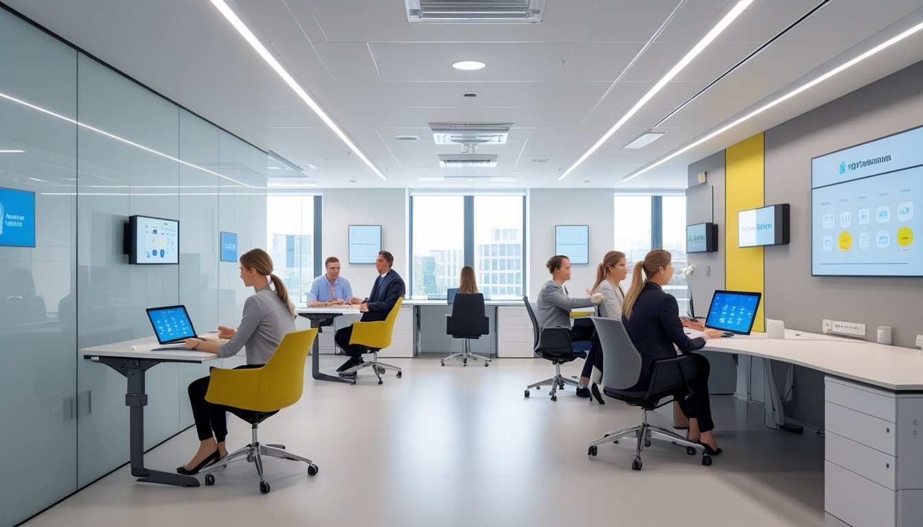 Suasana kantor modern dengan ruang terbatas yang diatur rapi, menampilkan meja lipat, kursi ergonomis, dan perangkat teknologi pintar yang digunakan oleh beberapa profesional yang sedang bekerja bersama.