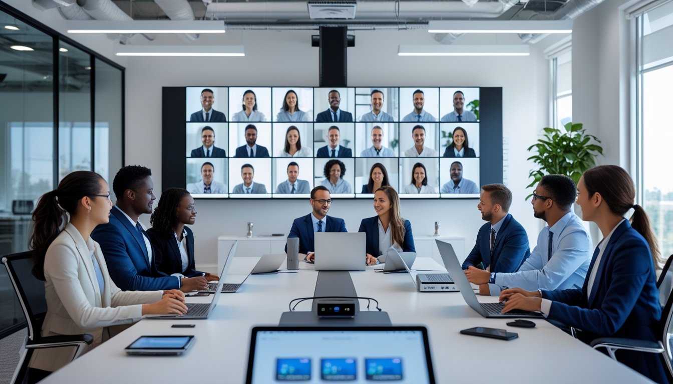 Sekelompok profesional bisnis sedang berkolaborasi secara virtual di ruang rapat modern dengan layar besar dan peralatan audio visual.