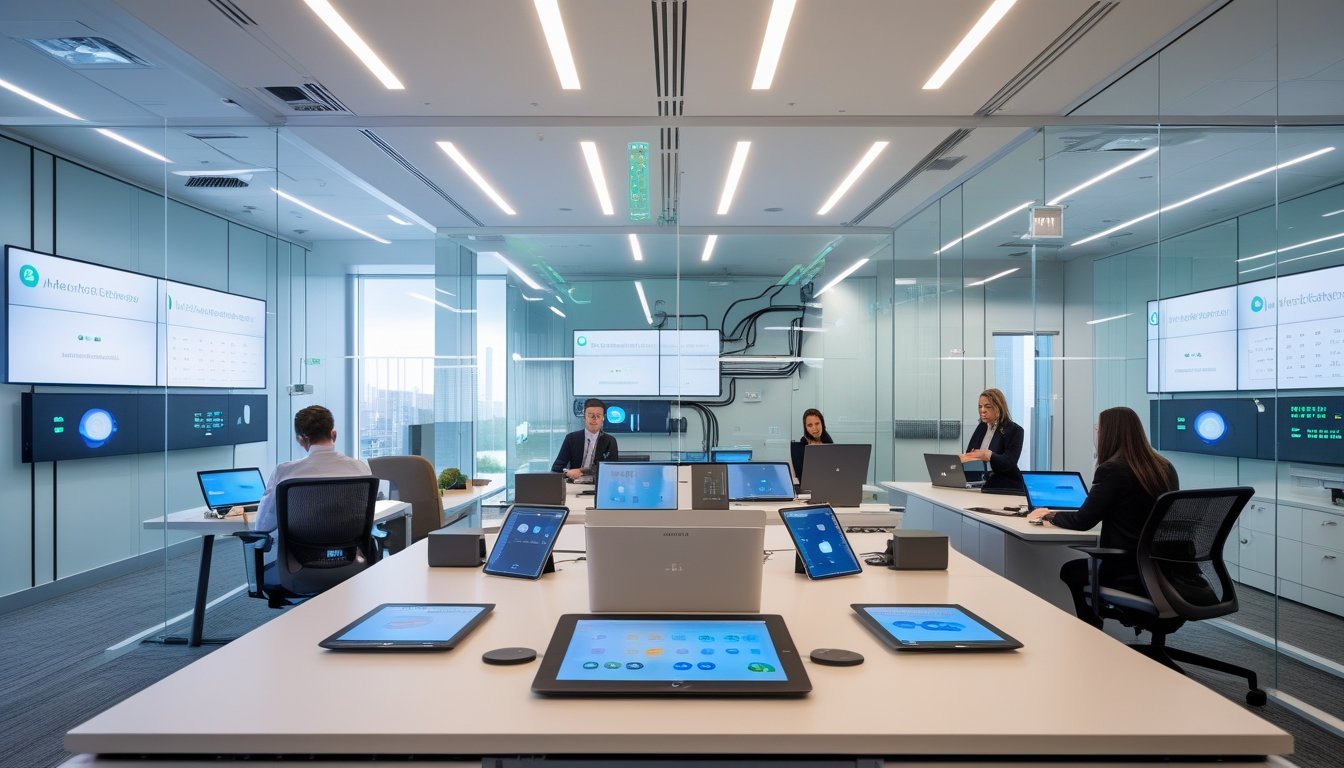 Ruang kantor modern dengan peralatan teknologi canggih dan karyawan yang bekerja menggunakan perangkat pintar.