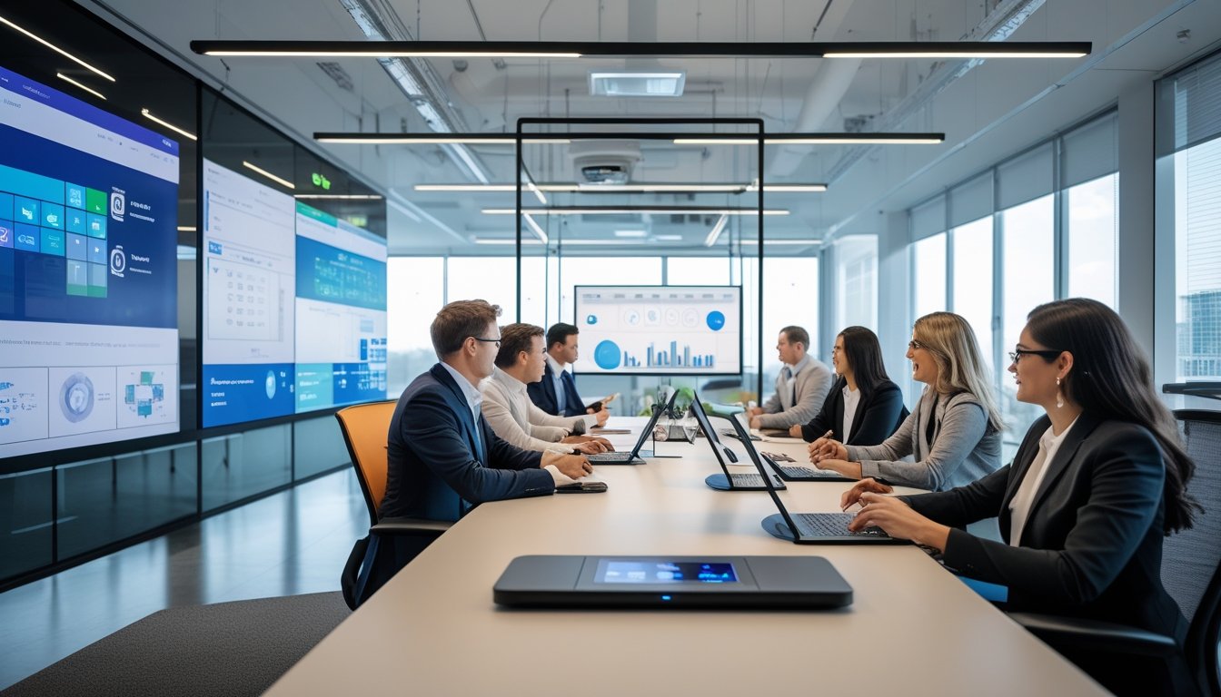 Suasana kantor modern dengan teknologi audiovisual canggih, menampilkan beberapa profesional yang sedang rapat menggunakan peralatan AV dan layar interaktif.