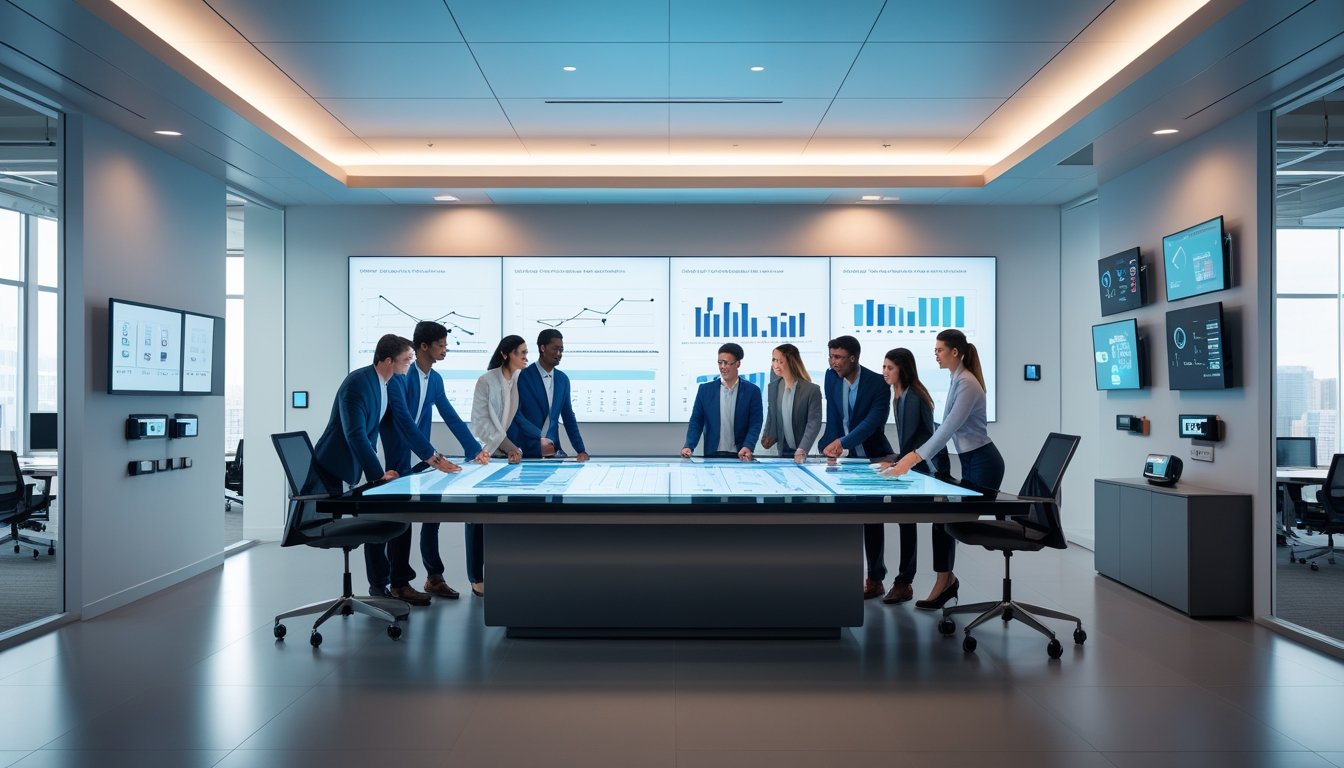 Sekelompok profesional bekerja bersama di kantor modern dengan teknologi canggih dan perangkat pintar.