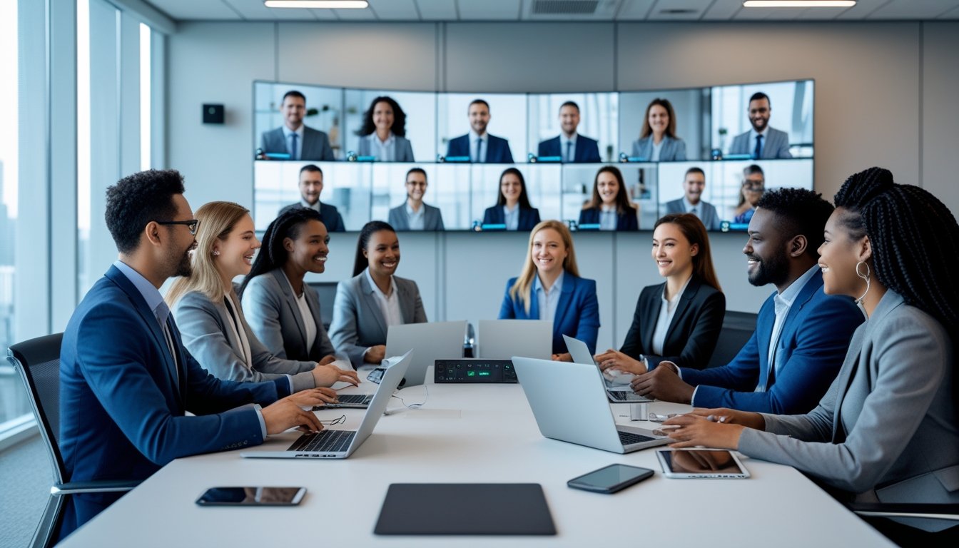 Sekelompok profesional bisnis sedang berkolaborasi secara virtual di ruang rapat modern dengan layar besar dan perangkat teknologi AV.