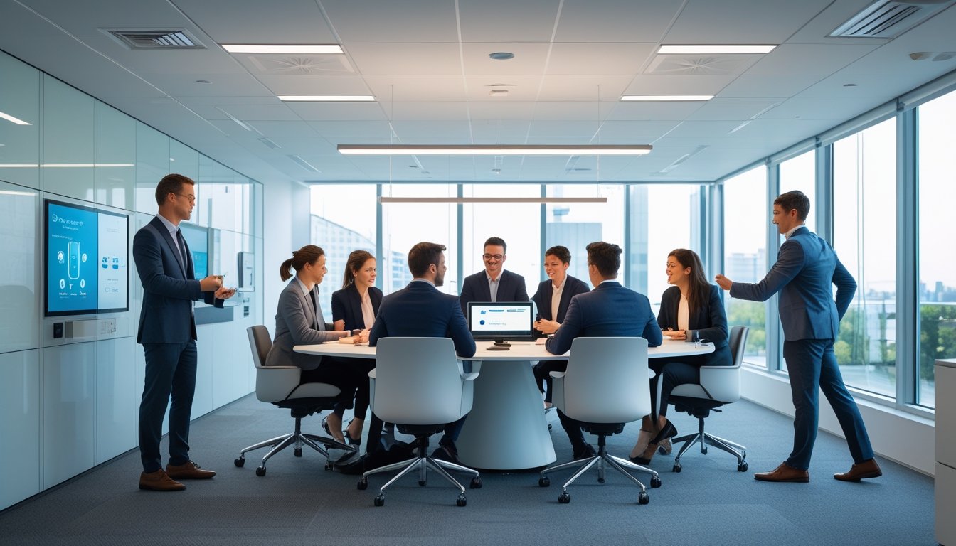 Sejumlah profesional bekerja sama di ruang kantor modern dengan perangkat teknologi pintar yang mengoptimalkan ruang terbatas.