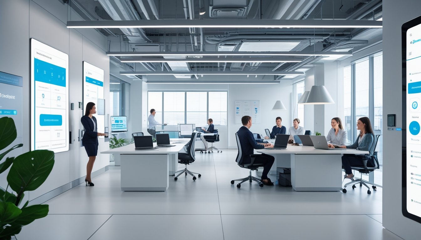 Ruang kantor modern dengan teknologi pintar, layar interaktif, dan orang-orang bekerja bersama menggunakan perangkat digital.