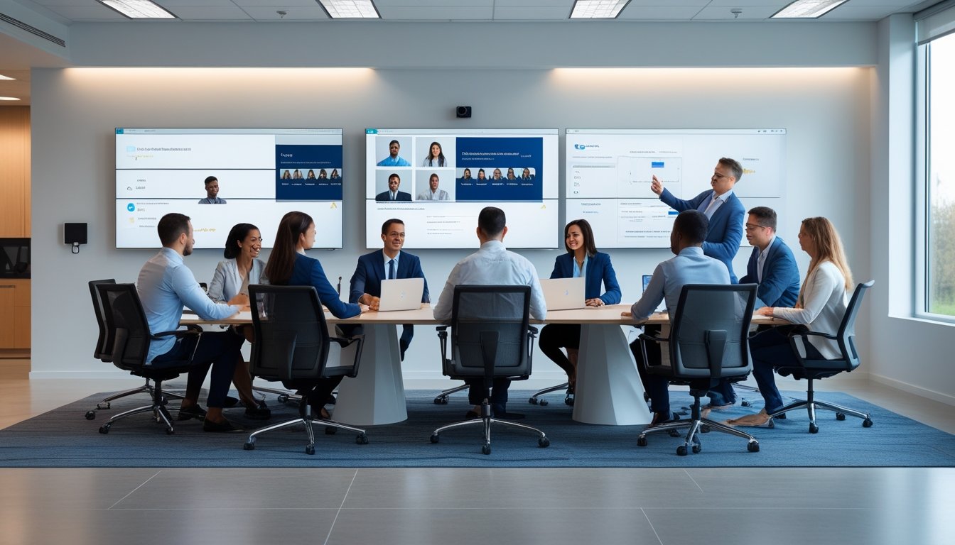 Sekelompok profesional bisnis sedang berkolaborasi secara virtual di kantor modern dengan peralatan audiovisual canggih.