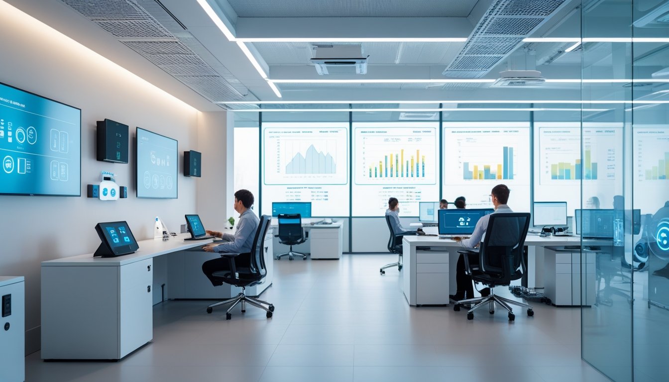 Suasana kantor modern dengan perangkat otomatisasi dan sistem audiovisual yang digunakan oleh karyawan yang sedang bekerja.